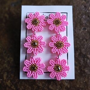 Pink Beaded Flower Earrings